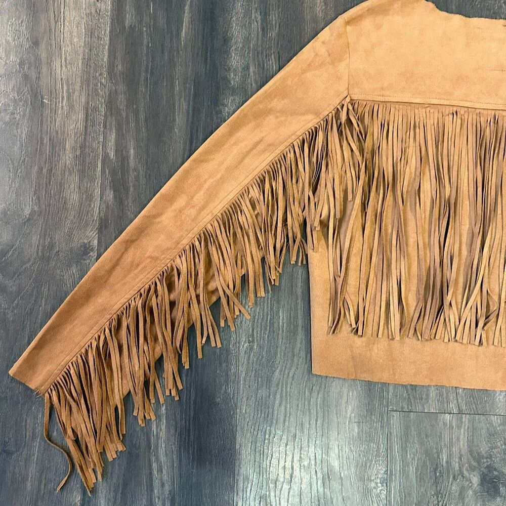 Brown Full Fringe Light Jacket Faux Suede Open Front Western Crop fit Size Large - Picture 3 of 8